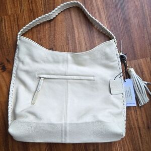 M London Leather LaceUp Hobo Bag Bone Braided Edge Strap Tassle Back Zipper